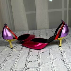 Le Clique Kat Maconie Pink Metallic Flared Tapered Stiletto Heels Pumps sz 9 US